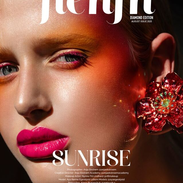 Editorial makeup med stærke farver, glødende hud og kreative beauty-detaljer