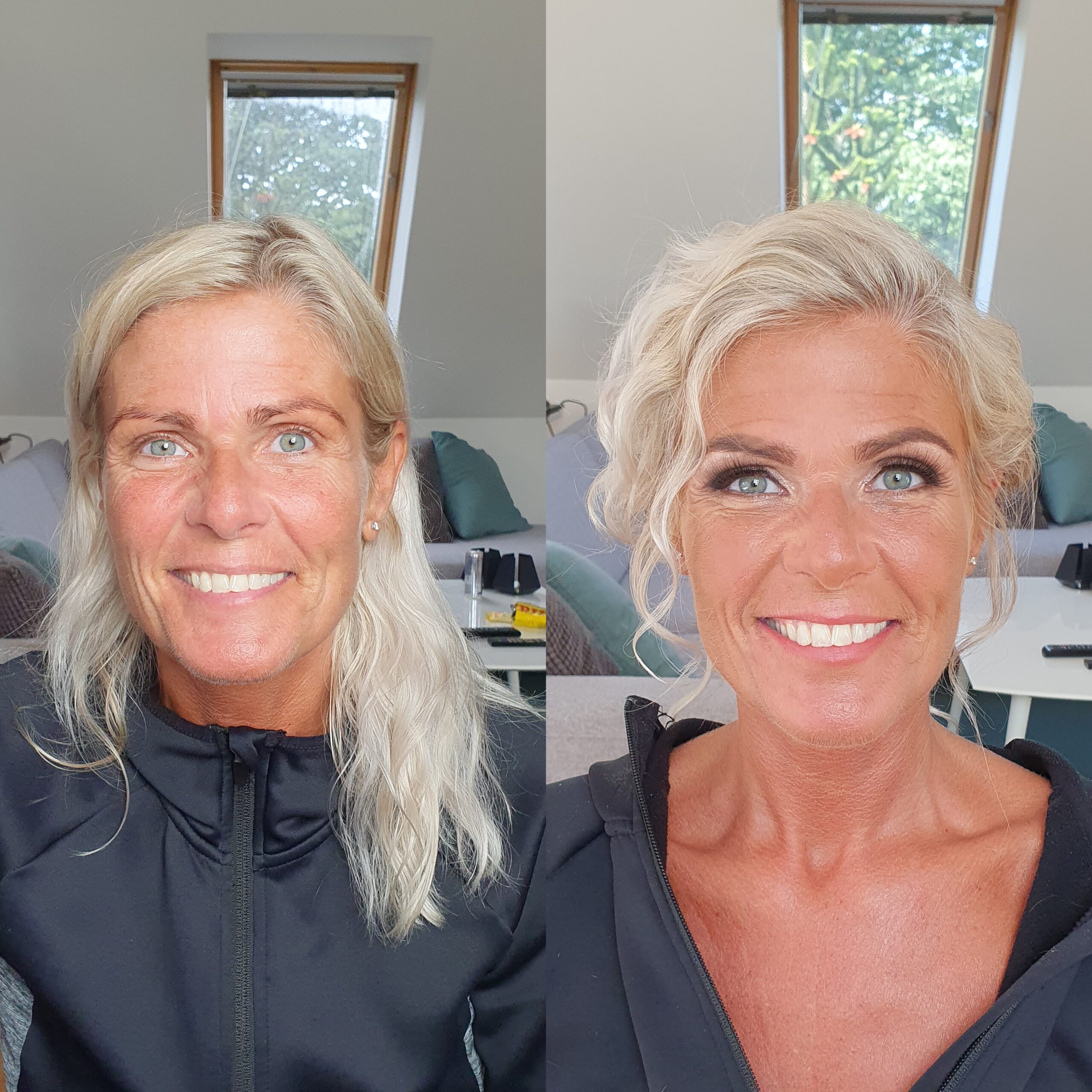 før-efter styling med elegant opsat hår, glam øjenmakeup og varm, glødende hudtone