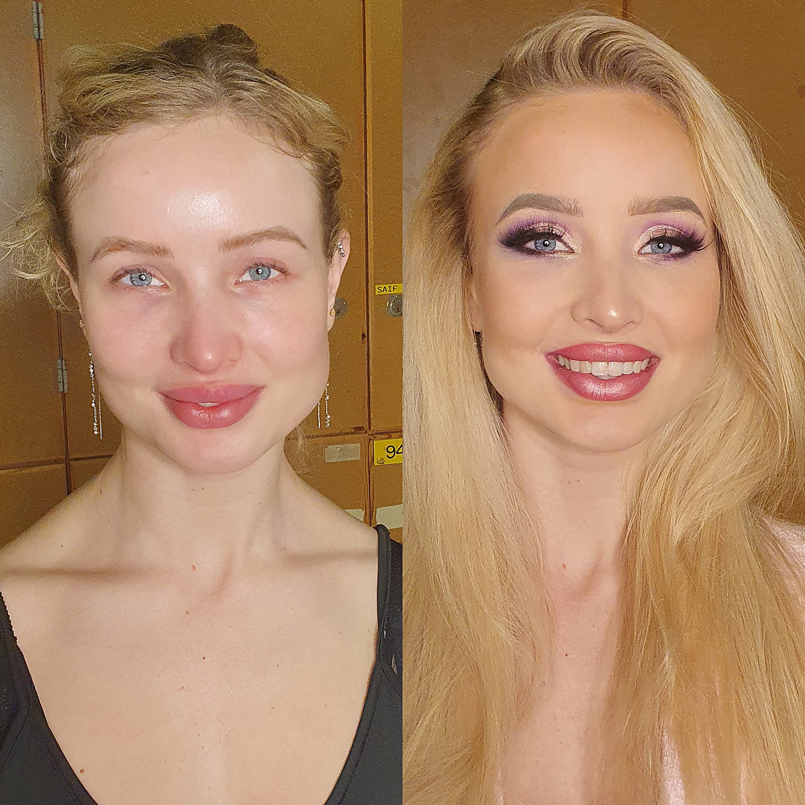 før-efter makeover med fuld glam makeup, markerede øjne, fejlfri hud og langt stylet hår
