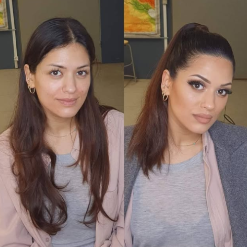 før-efter makeover med glødende hud, markeret øjenmakeup og stram høj hestehale