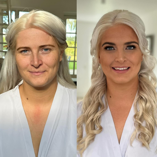 før-efter brudestyling med jævn hud, soft glam øjenmakeup og lange lyse krøller