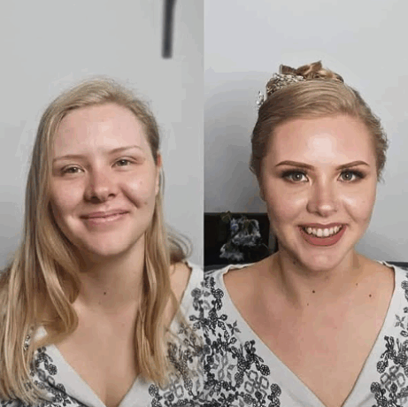 før-efter makeover med naturlig glød, soft øjenmakeup og elegant opsat hår