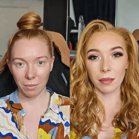 før-efter makeover med glødende hud, soft glam øjenmakeup og varme bølger i langt rødt hår