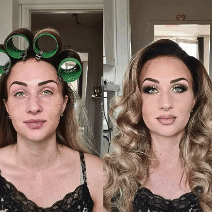før-efter makeover med dramatiske øjne, kontureret hud og store voluminøse Hollywood-bølger