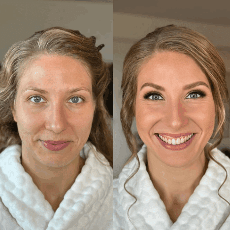 før-efter brudestyling med naturlig hud, soft glam øjenmakeup og elegant brudehår med løse lokker