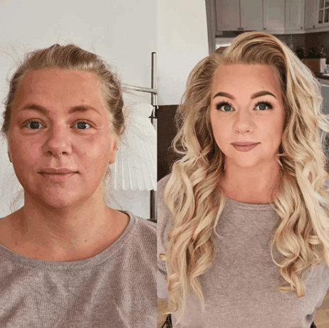 før-efter makeover med jævn hud, soft glam øjenmakeup og lange blonde krøller