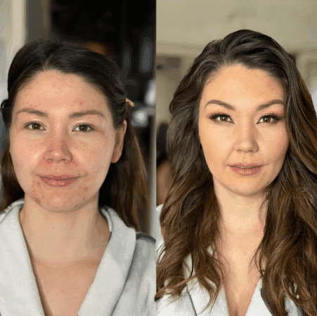 før-efter makeover med dækket hud, soft glam øjenmakeup og løse bølger i langt mørkt hår