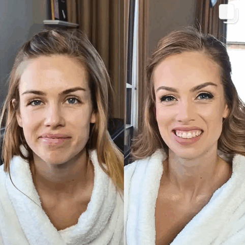 før-efter brudestyling med naturlig glød, soft glam øjenmakeup og løse bølger i håret