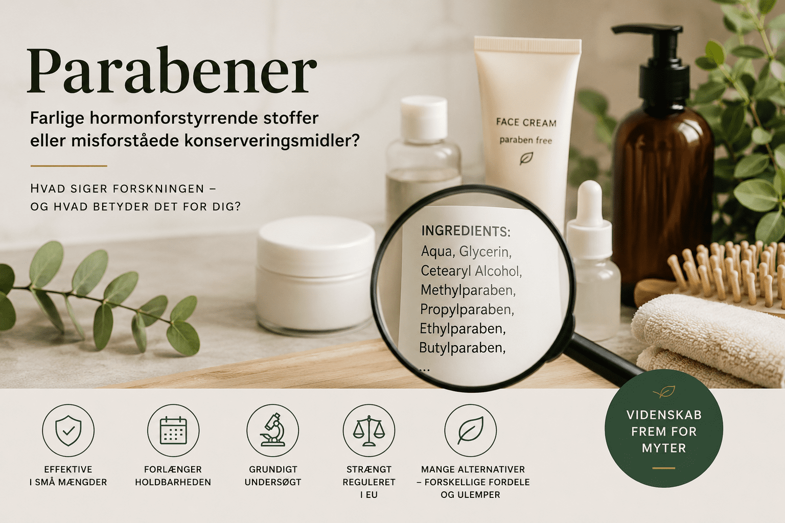 Kosmetikprodukter og ingrediensliste med parabener vist gennem et forstørrelsesglas som illustration til artikel om parabener i hudpleje og kosmetik.